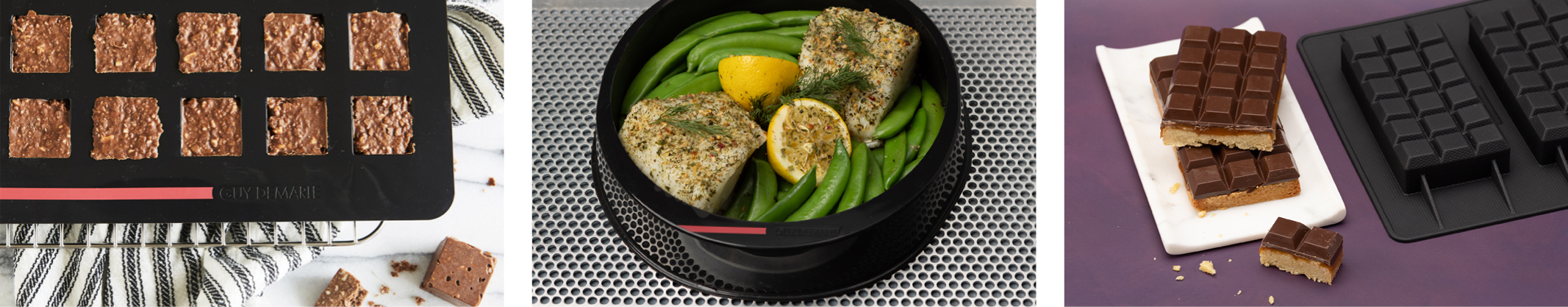 Three examples of food made with bon COOK’s FORTEEZ platinum silicone bakeware molds, including chocolate squares, herbed fish with vegetables, and layered chocolate bars