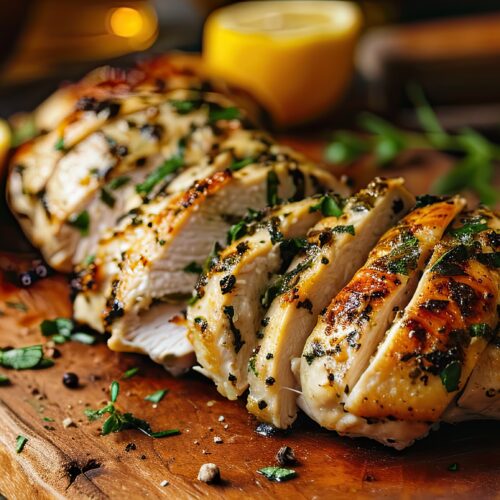 Roasted Garlic Lemon Chicken in a serving board with fresh lemons and parsley.