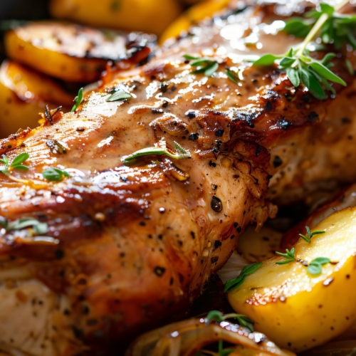 Apple Glazed Pork Tenderloin with roasted potatoes and fresh thyme, a cozy fall recipe.