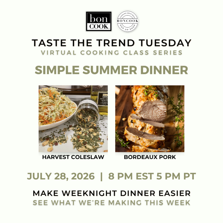 Taste the Trend Tuesday Simple Summer Dinner class graphic featuring Harvest Coleslaw and Bordeaux Pork on July 28, 2026.