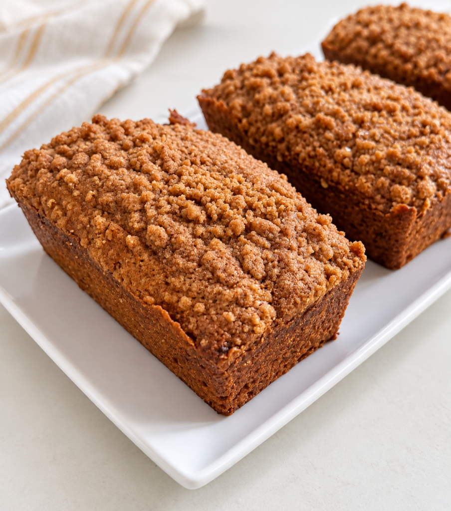 Pumpkin Spice Latte Coffee Cake Loaves topped with espresso cinnamon streusel on a white serving plate.