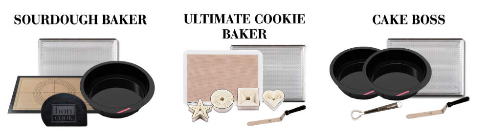 bon COOK demonstration kits featuring silicone baking molds, perforated baking sheets, baking mats, pastry cutters, and utensils.