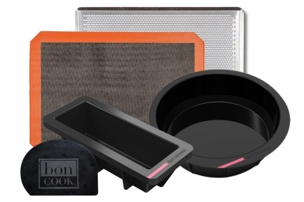 bon COOK Artisan Bread Starter with loaf and round molds, scraper, Silpain, and perforated baking sheet.