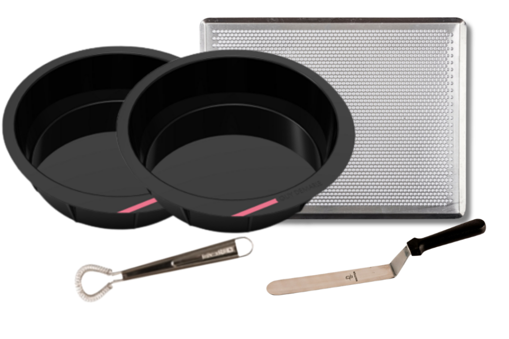 bon COOK Cake Boss with two round molds, perforated baking sheet, offset spatula, and mini whisk.