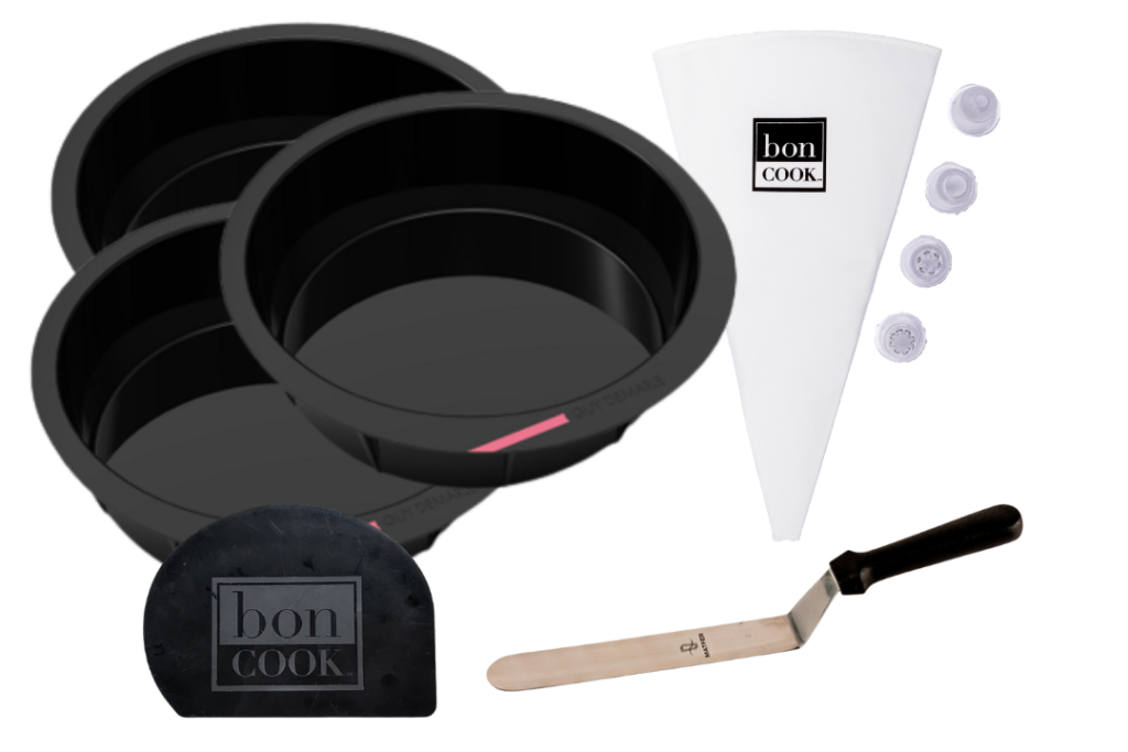 bon COOK Layer Cake Master with three round molds, pastry bag and tips, offset spatula, and scraper.