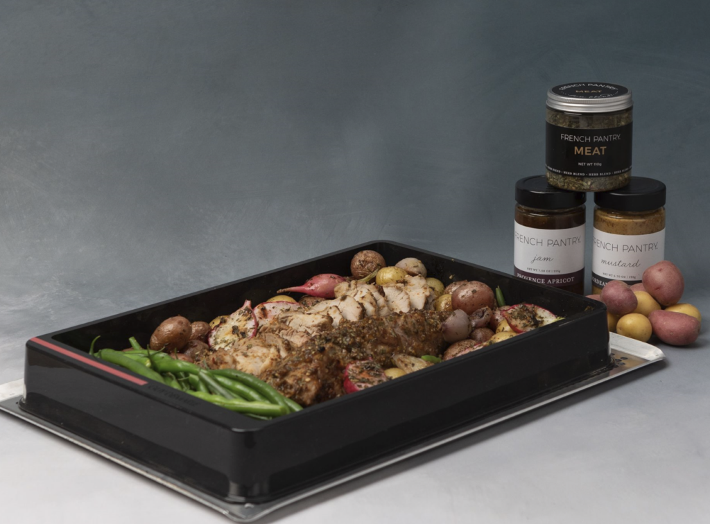 bon COOK Rectangular Tray with sliced roasted meat, potatoes, and green beans beside FRENCH PANTRY seasonings, jam, and mustard.