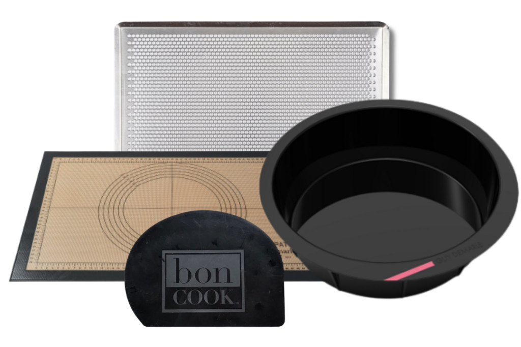 bon COOK Sourdough Baker with graduated pastry mat, scraper, large round mold, and perforated baking sheet.